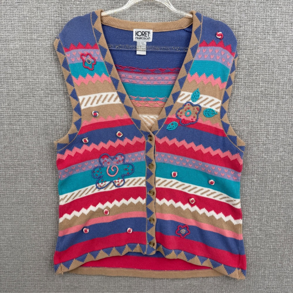 Vtg Koret Francisca Sweater Vest Women M Floral Knit Boho